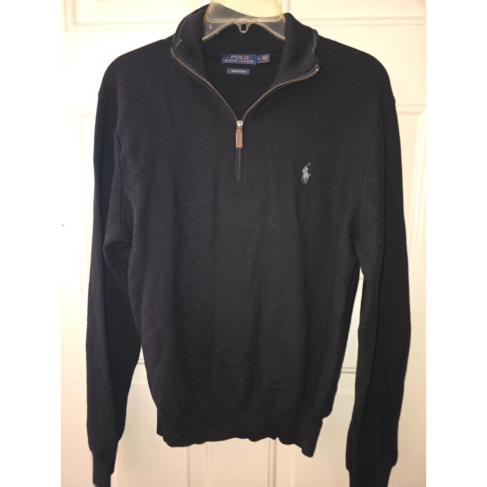 Polo Ralph Lauren Sweater Mens Medium Black 1/4 Zip Mock Neck Pullover Pima
